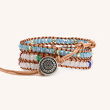 Blue and White Crystals on Natural Leather Three Wrap Bracelet