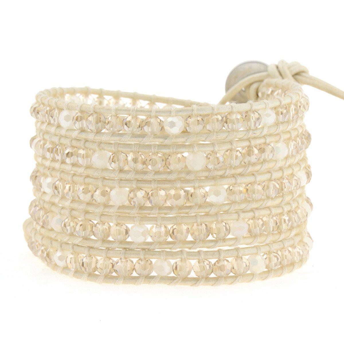 Crystal On White-Ivory Leather Wrap Bracelet